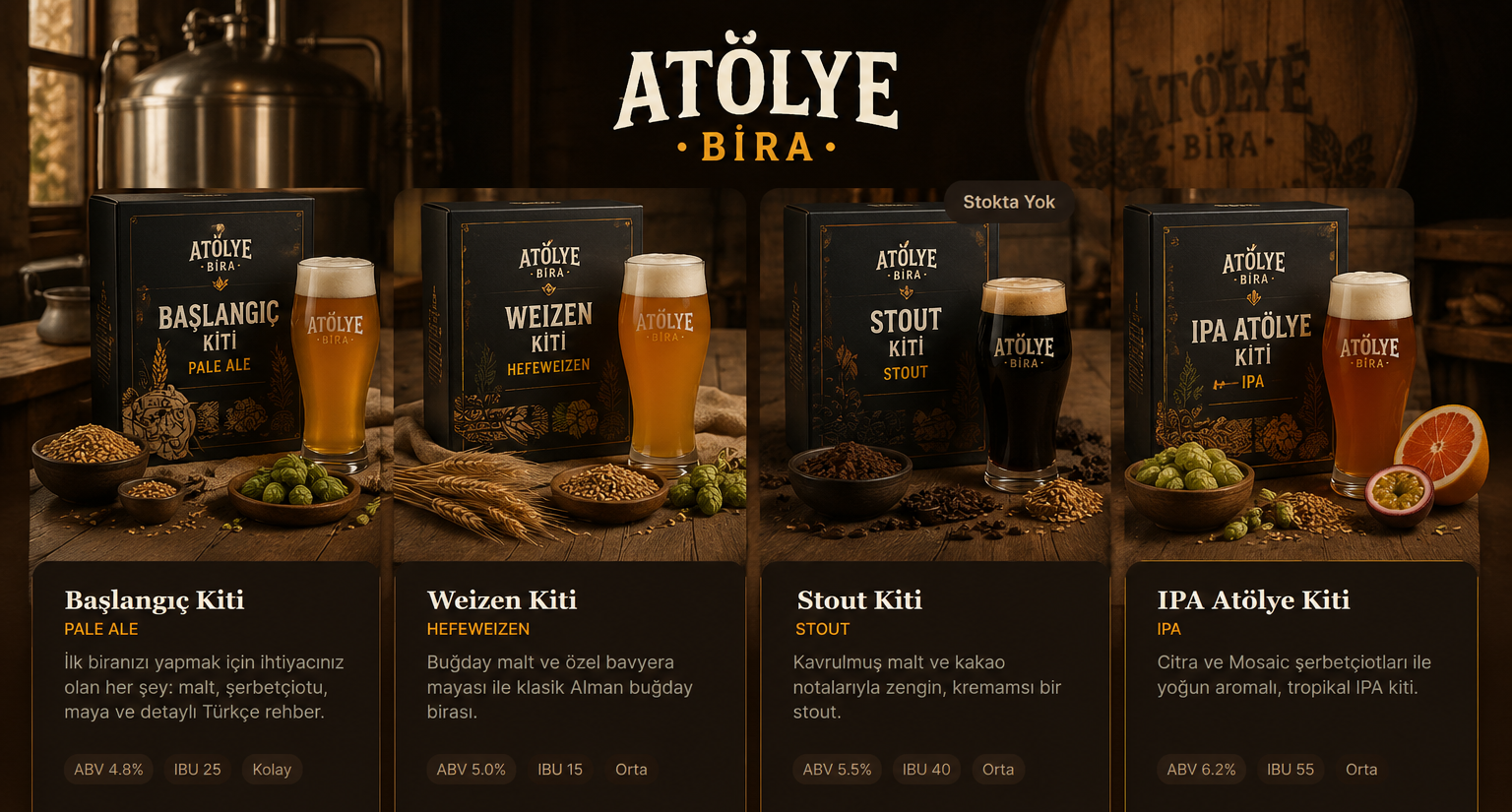 Atölye Bira kit koleksiyonu — Başlangıç, Weizen, Stout ve IPA